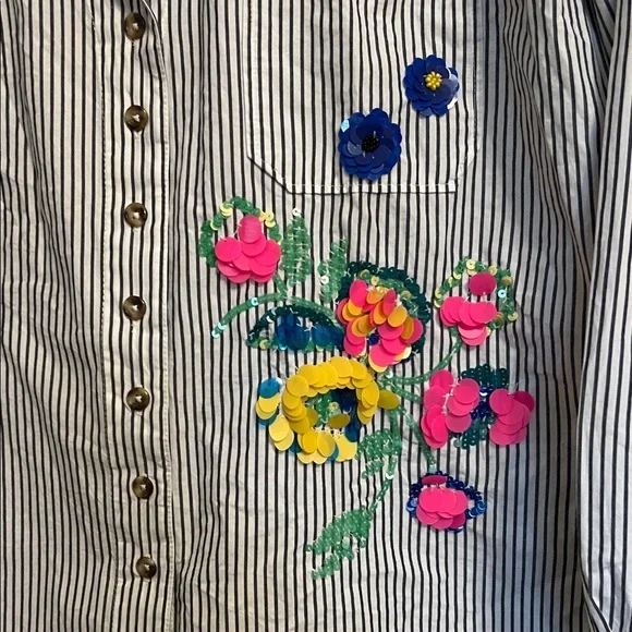 Anthropologie Maeve Embroidered Striped Boxy Buttondown Shirt Top XS 2 - Picture 6 of 15